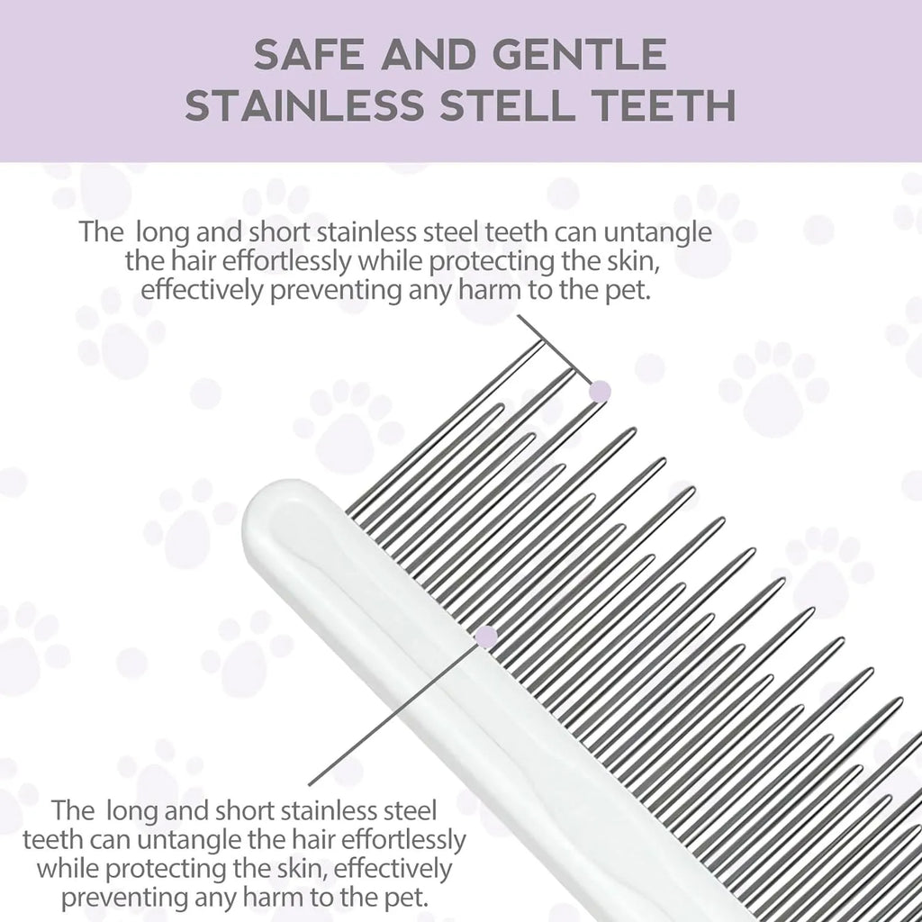 Purple pet detangling comb with stainless steel teeth and ergonomic handle.
