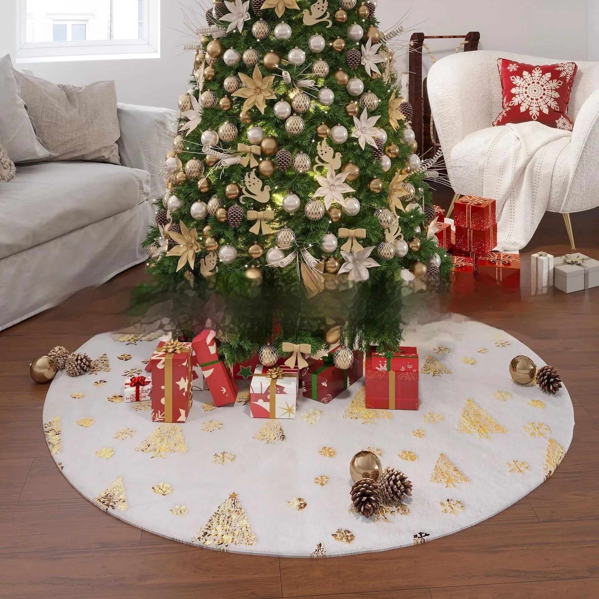 Plush Christmas tree floor mat in snowflake cedar style, available in 78cm 90cm 122cm 150cm sizes