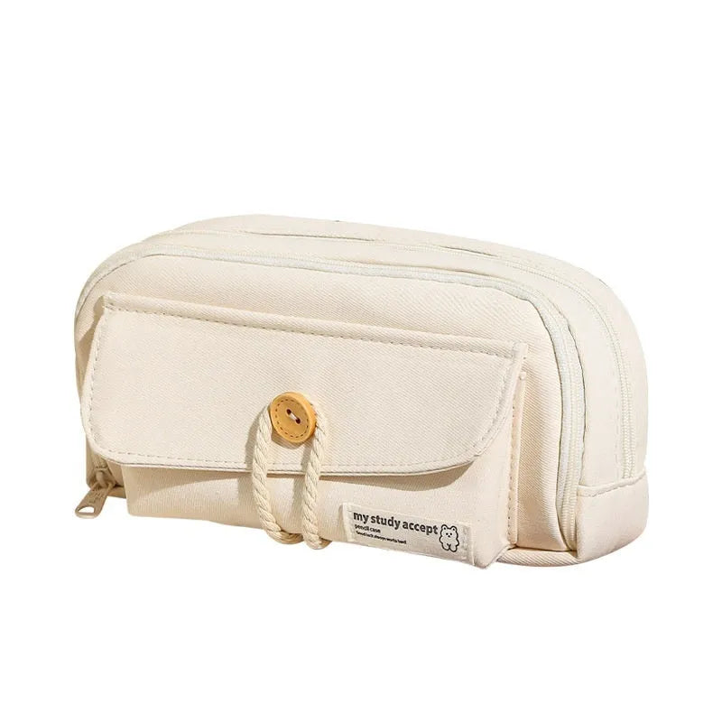 Canvas pencil case in green colour showing large capacity design for student stationery organisation