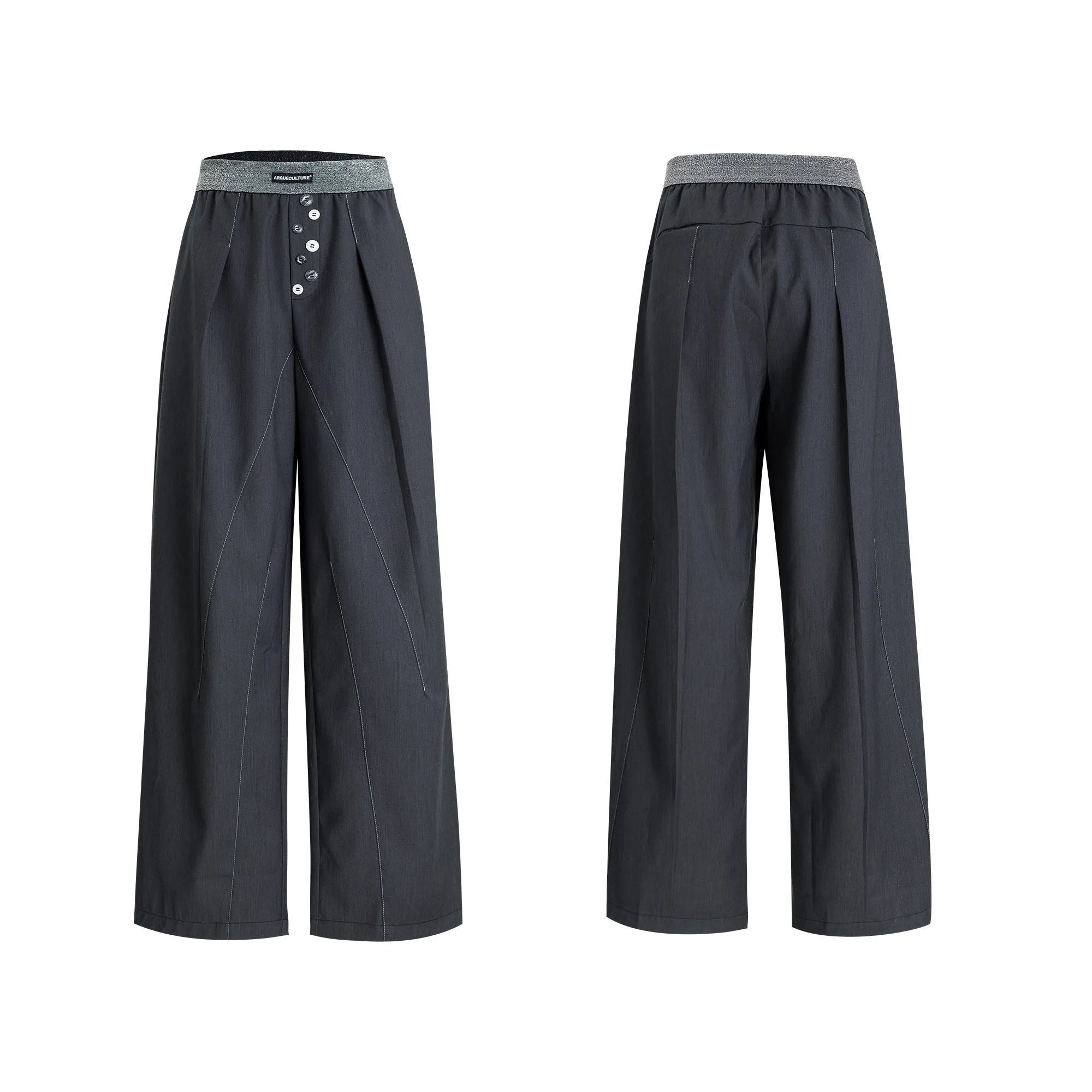 Straight-leg high-waist trousers with button-open line design in black and grey colours