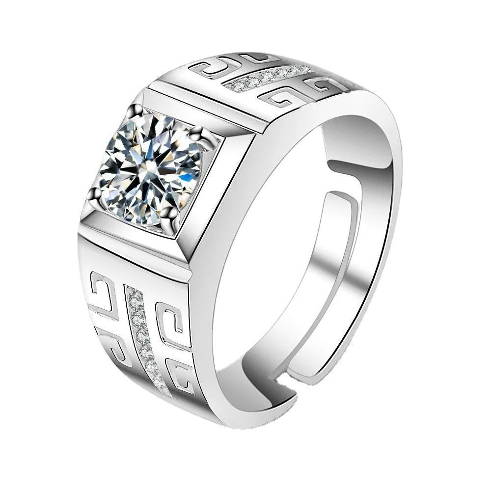 Men's square diamond ring with adjustable opening in gold finish on hand