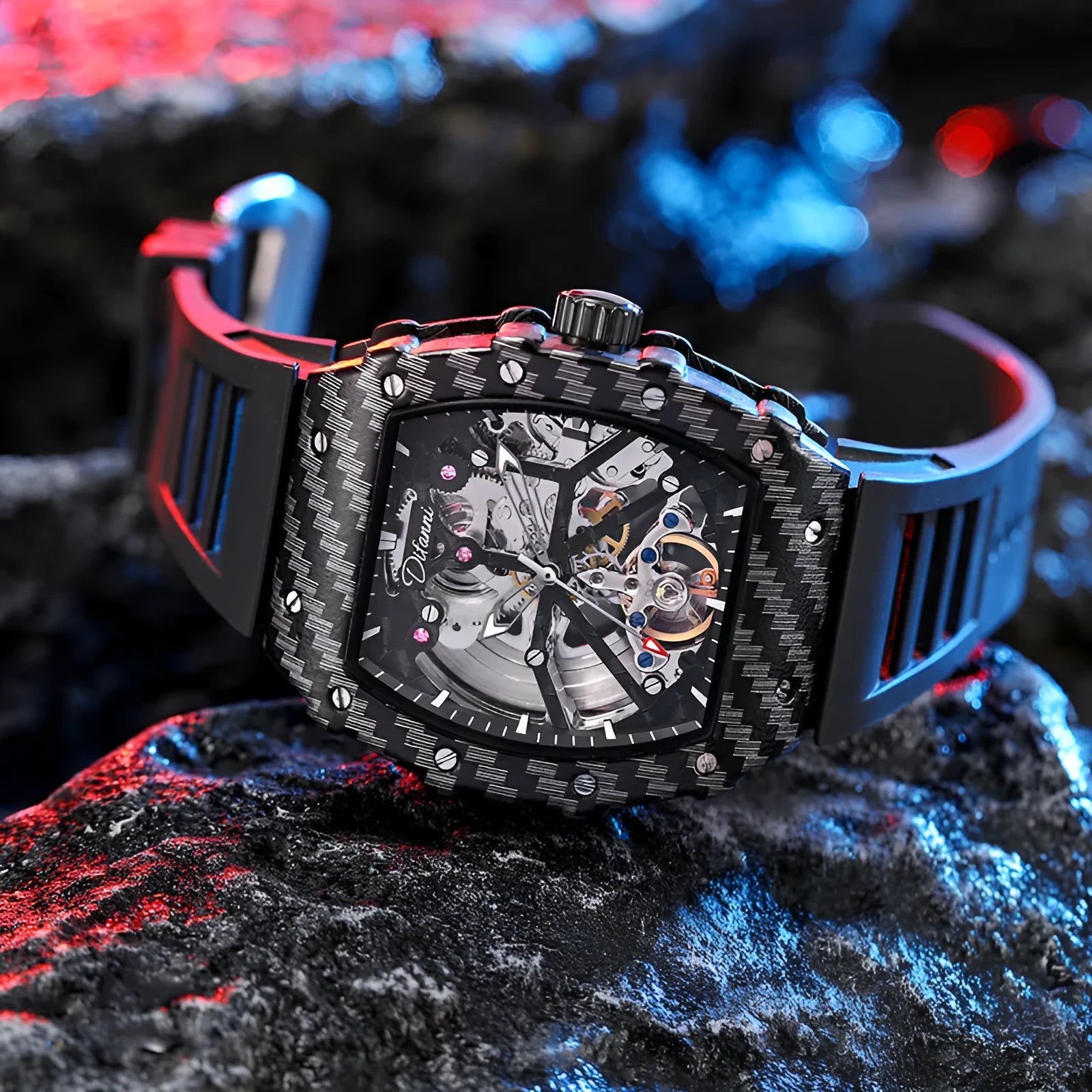 Men's black mechanical waterproof watch with luminous hands on a rubber strap, showing a transparent case back.