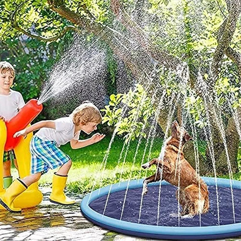Large blue dog splash pad with water jets spraying, dog playing in centre on non-slip textured surface