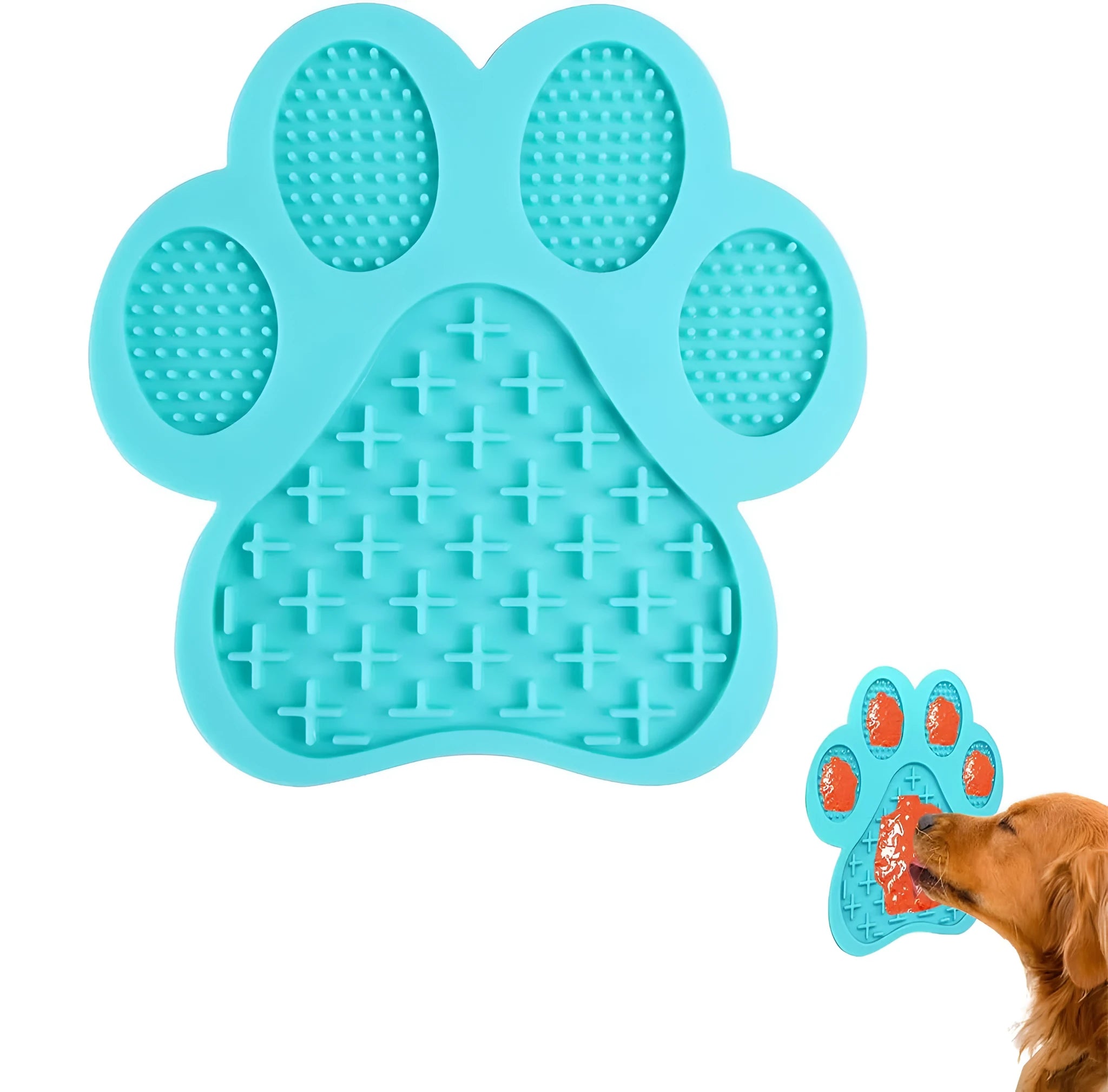 Blue silicone dog licking mat with bone texture and suction cups on the back, placed on a tiled wall.