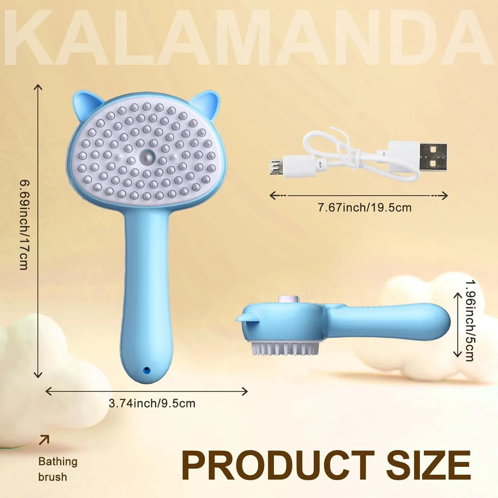 Blue cat steam brush with ergonomic handle, soft rubber bristles, and release button for pet grooming