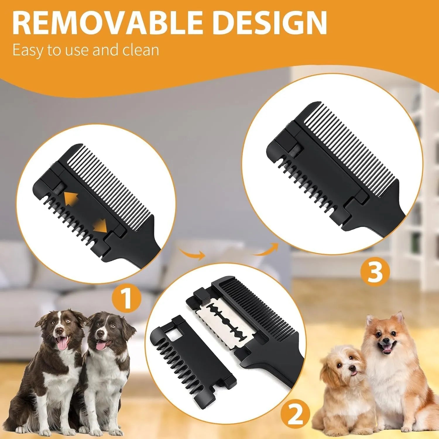 Pet razor comb grooming tool with comb teeth and replaceable razor blades for dog and cat hair trimming