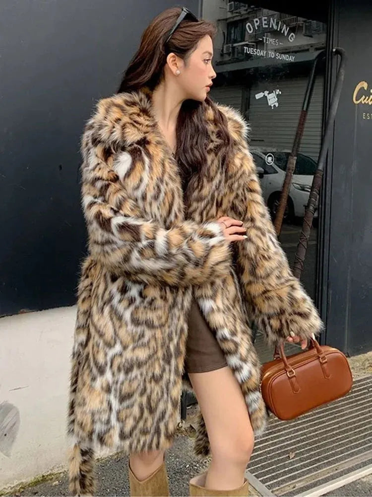 Women's faux fur coat with real fur collar in street fashion style