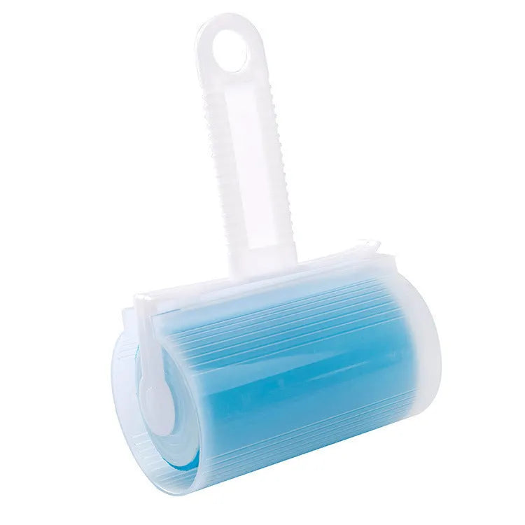 Blue washable reusable lint roller with cover for pet hair removal on fabric.