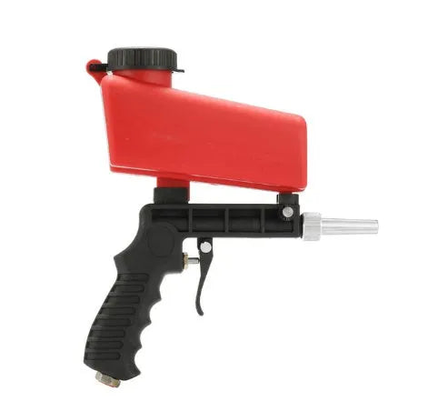 Portable black pneumatic sandblasting gun with tank and nozzle for rust removal.