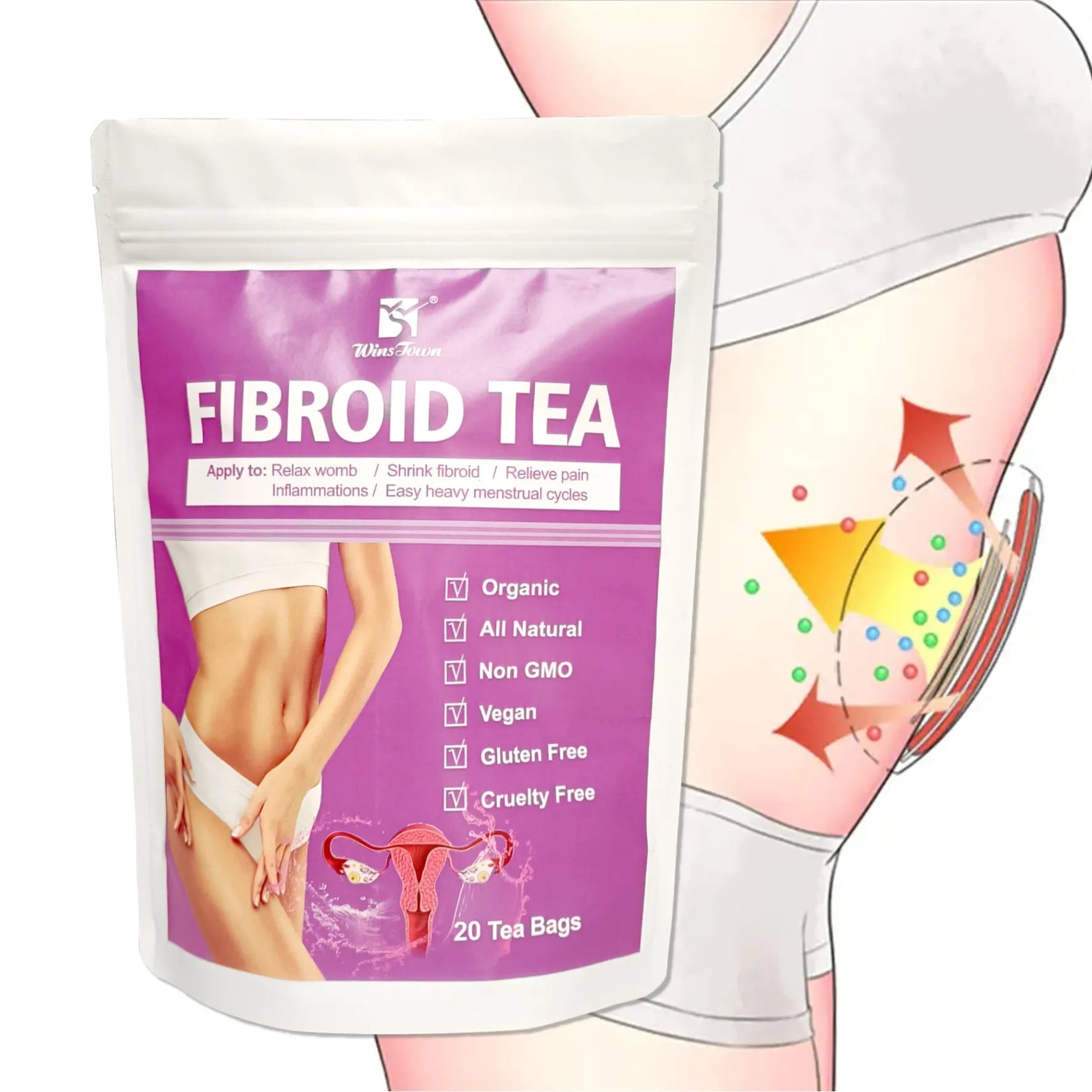 Pack of C83 Winstown Fibroid Herbal Tea bags with cold extract and sugar content labelling