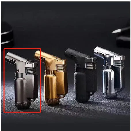 Full metal windproof punch lighter in black, gold, gray, or silver, showing its 72mm length.