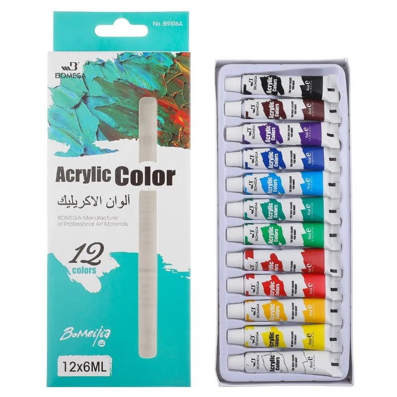 Set of 12-colour acrylic, gouache, watercolour and oil painting pigment tubes in 6ml or 12ml sizes