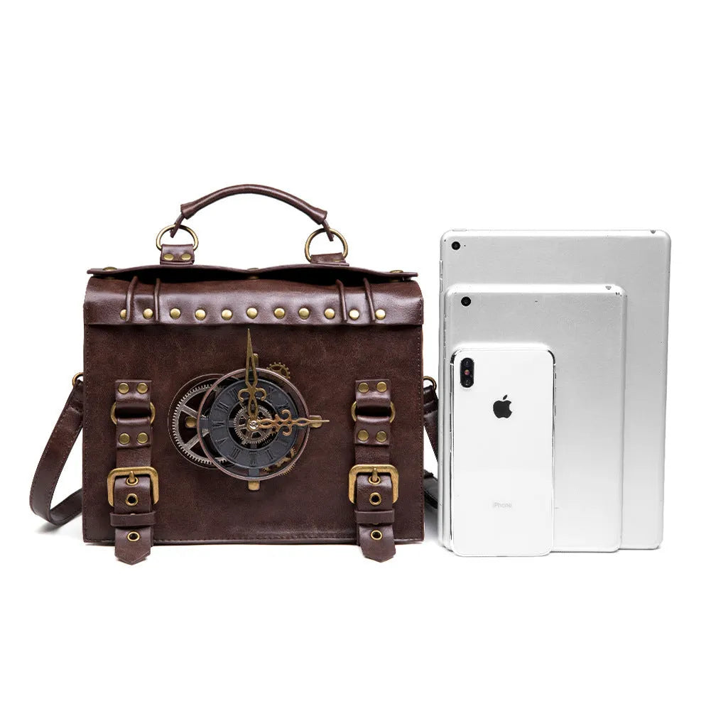Bronze steampunk industrial retro style shoulder bag with metal details and pillow shape.
