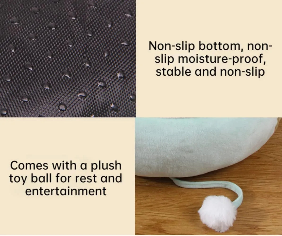 Green chick-shaped cat bed shown both flat and hanging as a hammock for small pets.