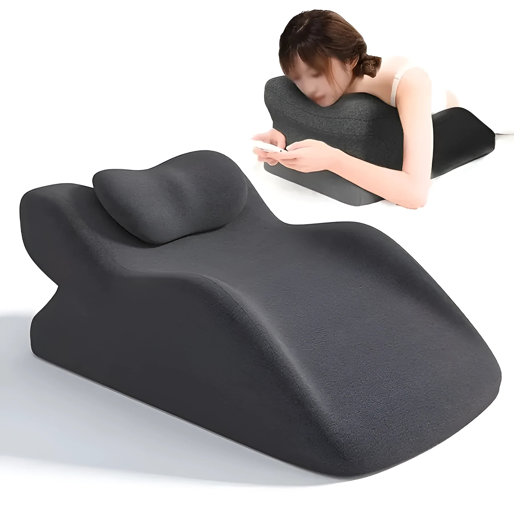 Cushion for stomach sleepers in blue, dark grey, green and light grey colours