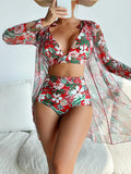 Women's multicolour printed bikini three-piece swimsuit set showing bra, shorts, and sun protection shirt