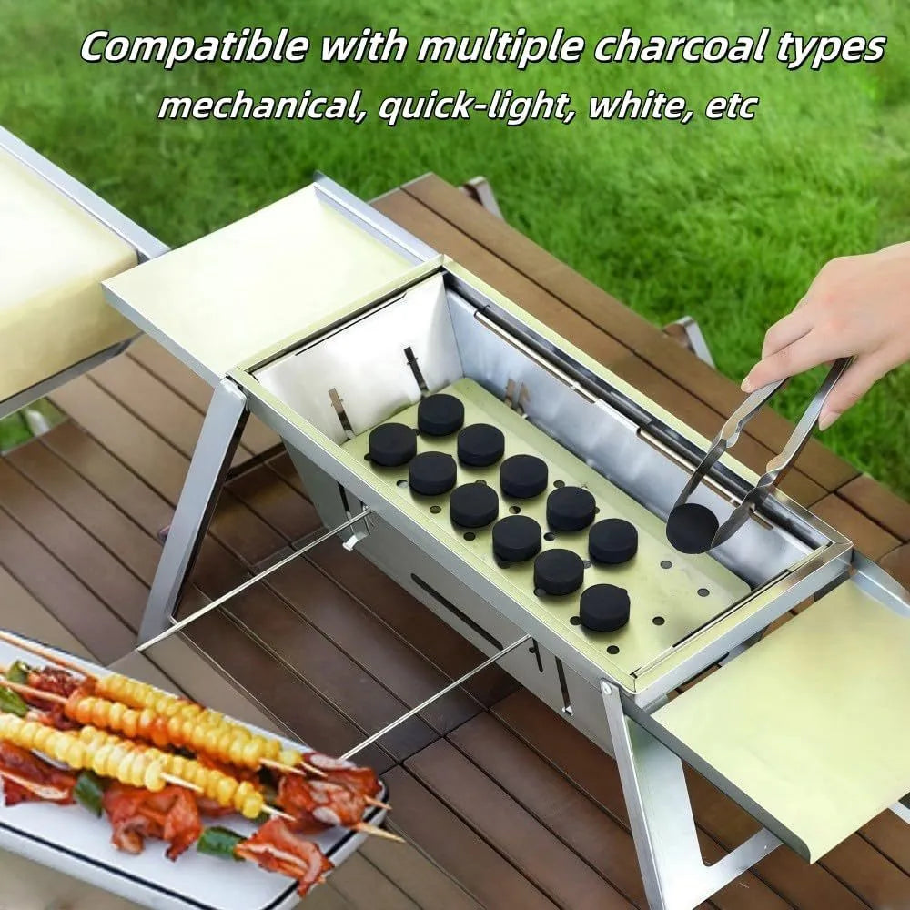 Small portable charcoal grill shown in a folded position for compact storage.