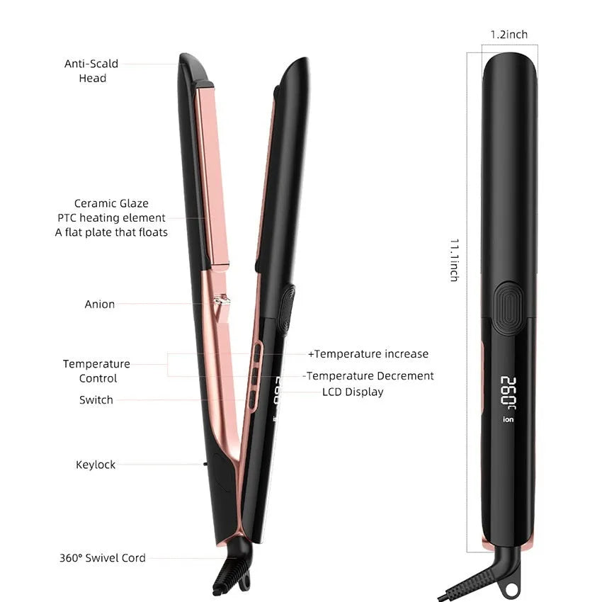 Hair straightener and curler with ceramic plates showing 207°C display and EU plug