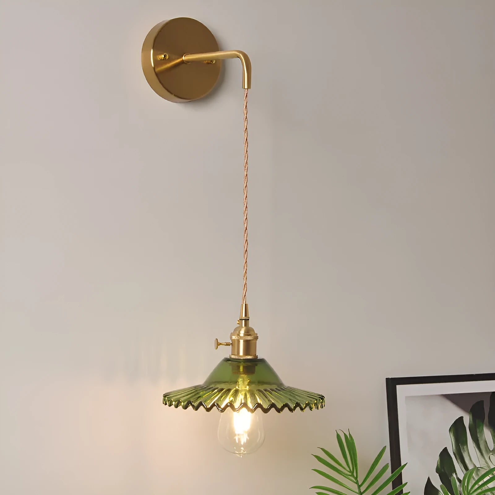 Retro brass lotus wall lamp with copper body and glass shade in 22cm diameter