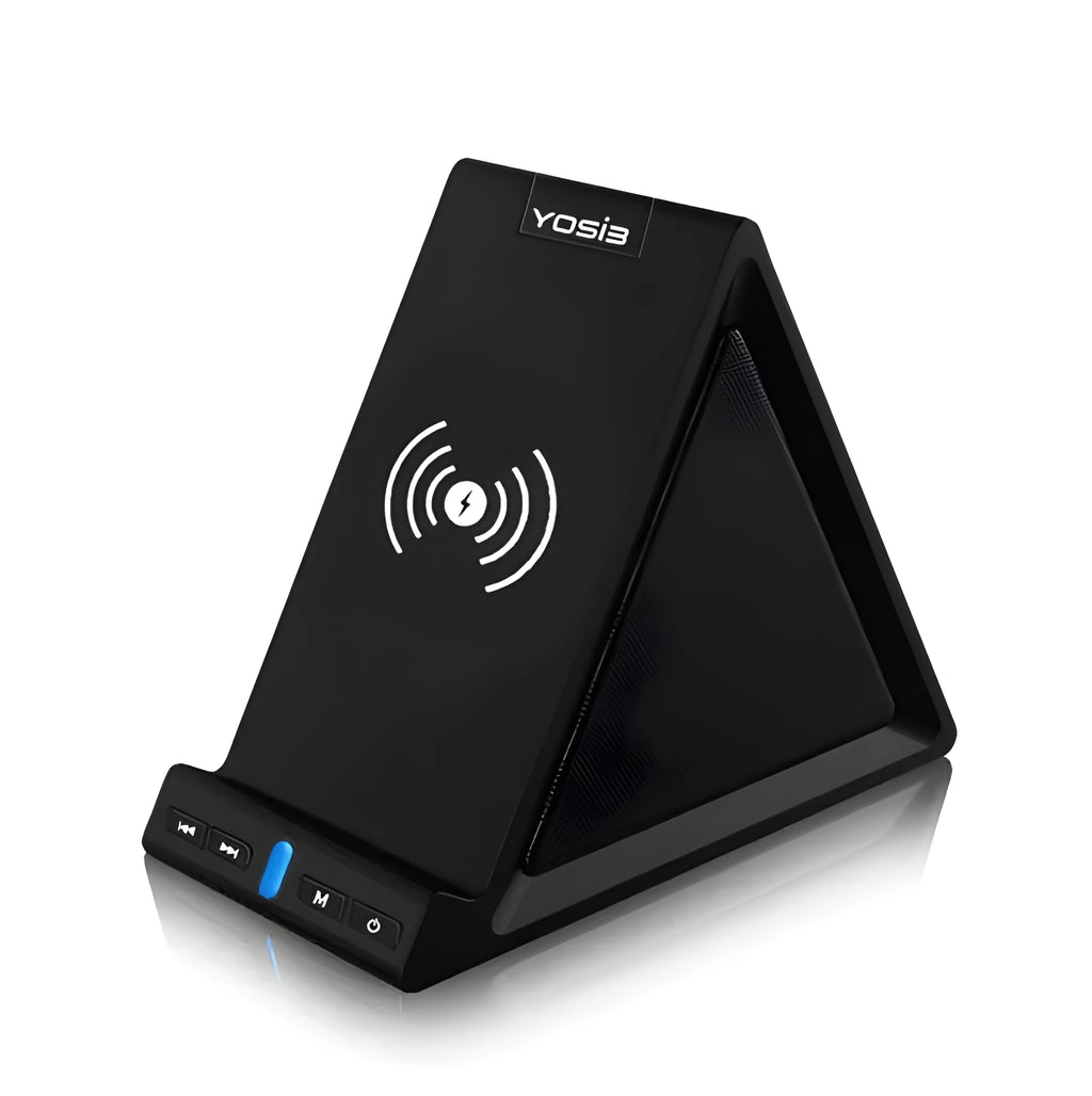 Black multifunctional Bluetooth speaker with integrated mobile phone stand and wireless charging area