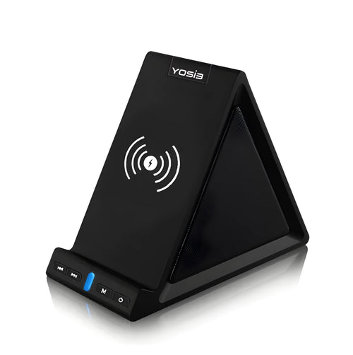 Black multifunctional Bluetooth speaker with integrated mobile phone stand and wireless charging area