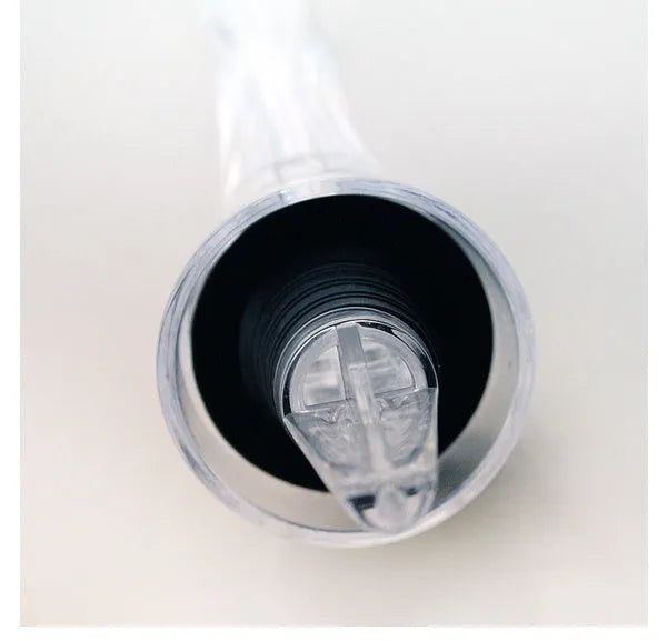 Clear acrylic wine aerator with stainless steel filter, measuring 16cm long.