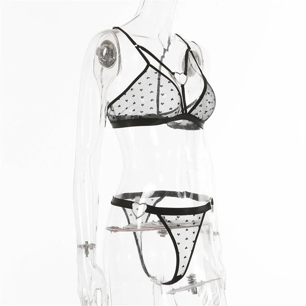 Ladies' black mesh top and trousers two-piece set made from stretch spandex fabric