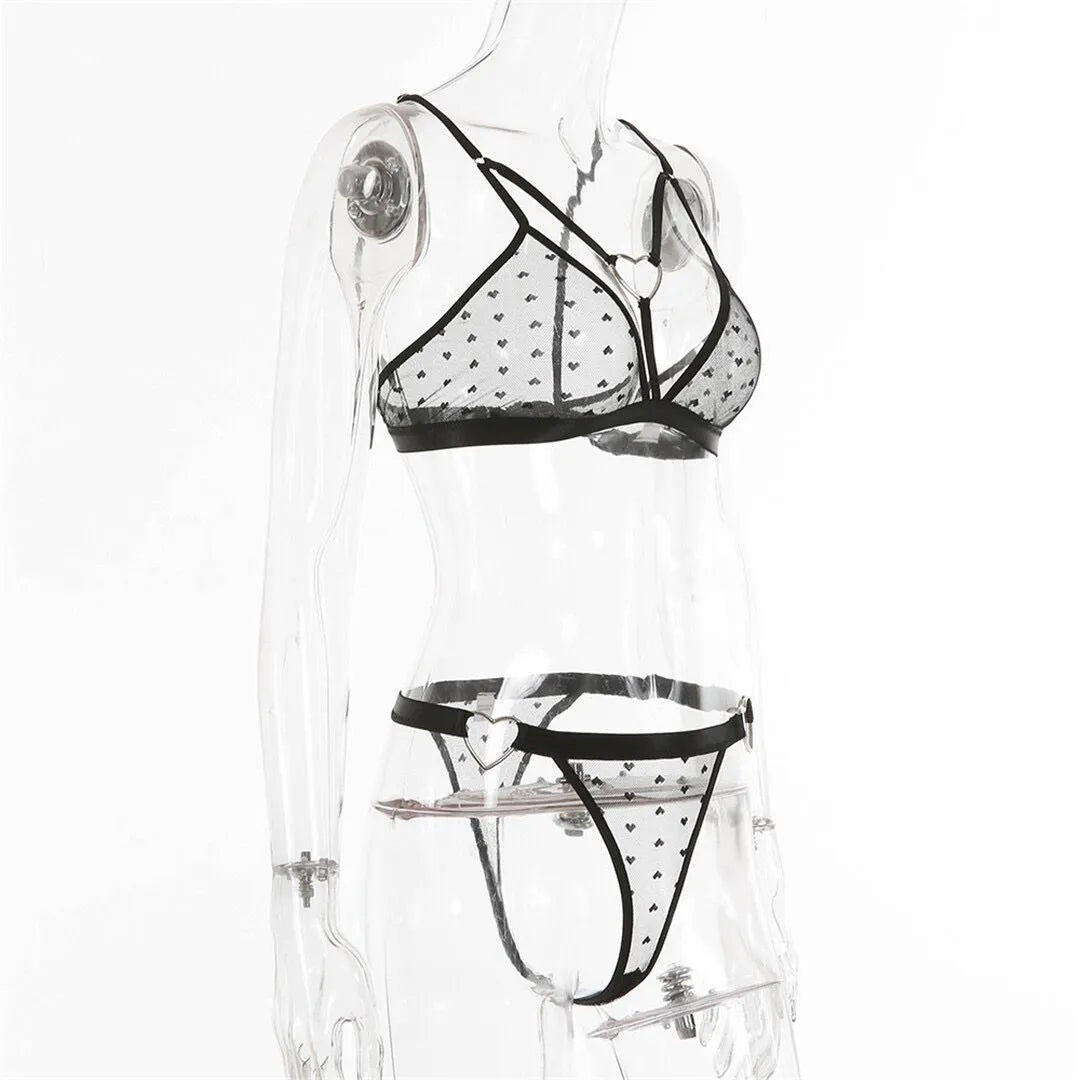 Ladies' black mesh top and trousers two-piece set made from stretch spandex fabric