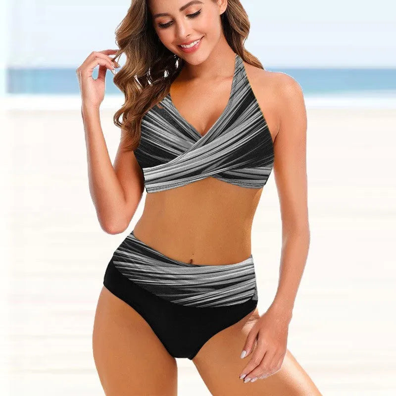 Women's striped tie-dye bikini with hollow back and high-waisted briefs