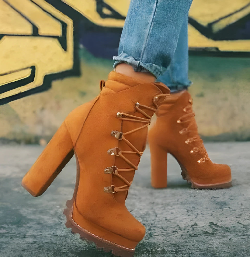 Women's suede ankle boots with thick high heels, round toe, and buckle details in army green