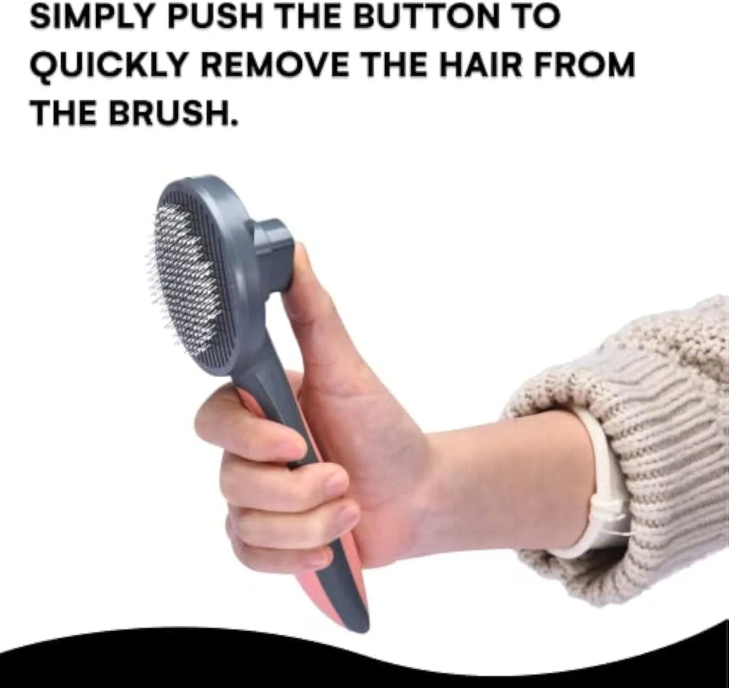 Grey self-cleaning pet slicker brush with massage-tipped bristles and a cleaning button on the handle
