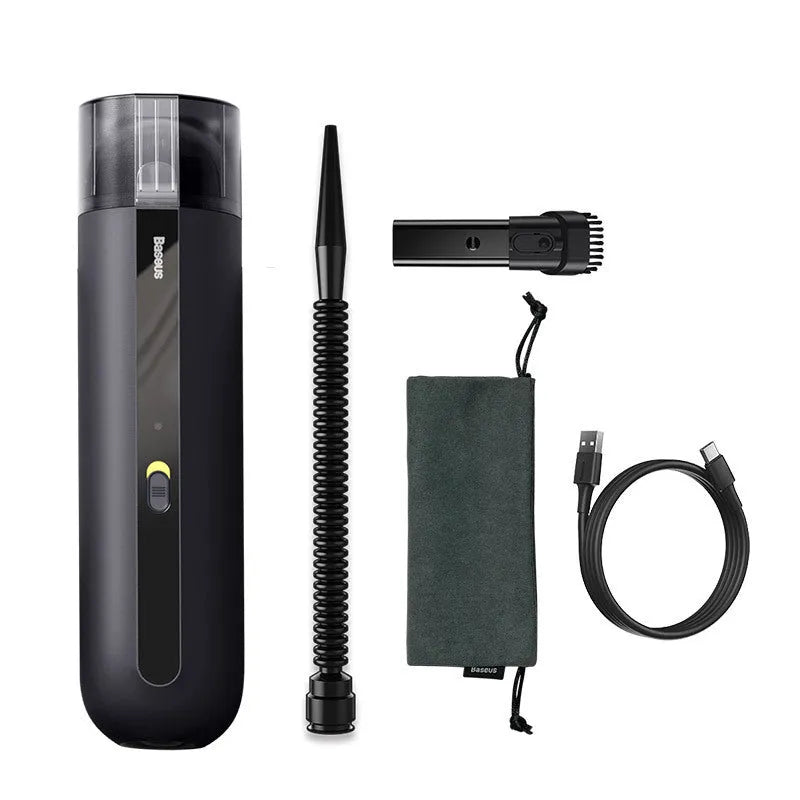 Baseus handheld wireless car vacuum cleaner in black, white, or green with blowing hose attachment