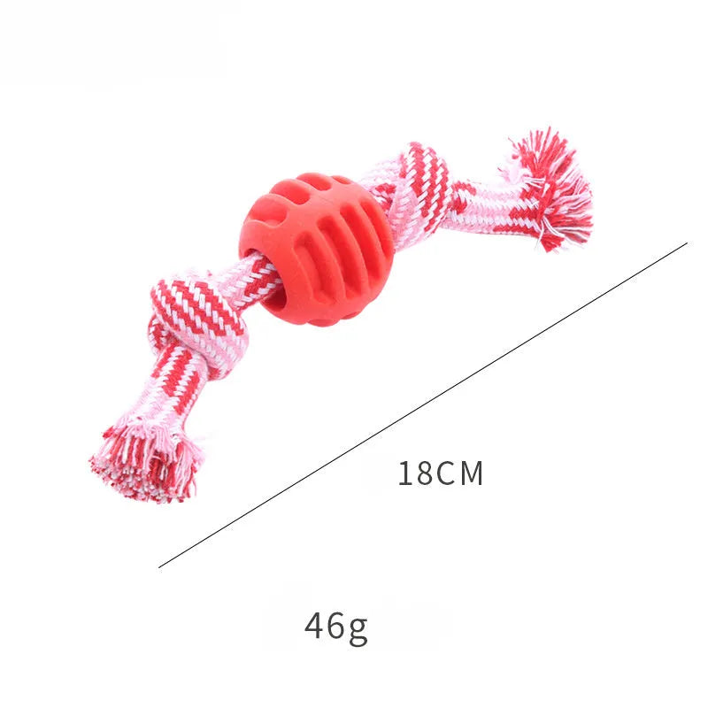Blue molar-shaped dog chew toy with white ropes for teeth cleaning