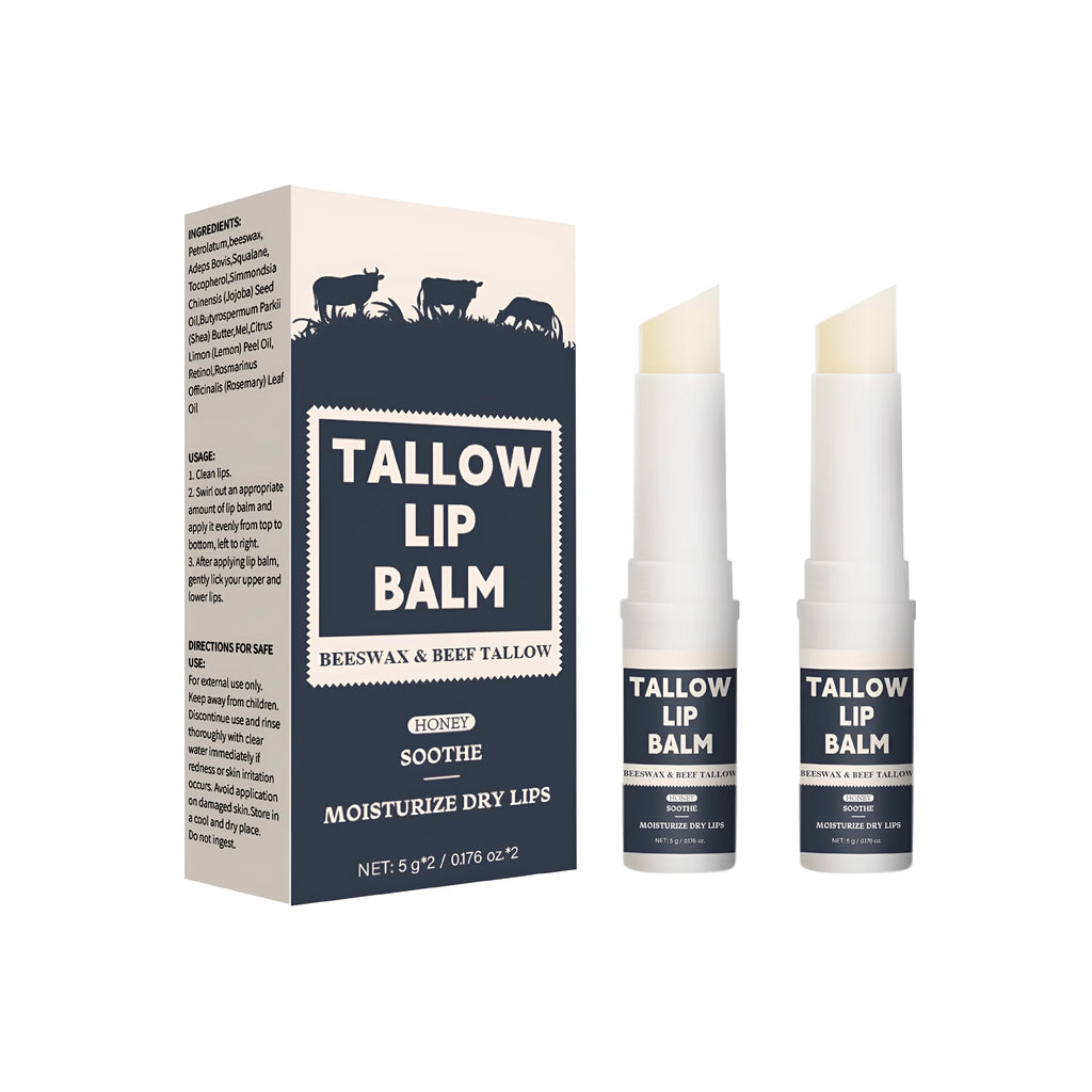 Two standard beef fat lip balms for dry lips, universal use.