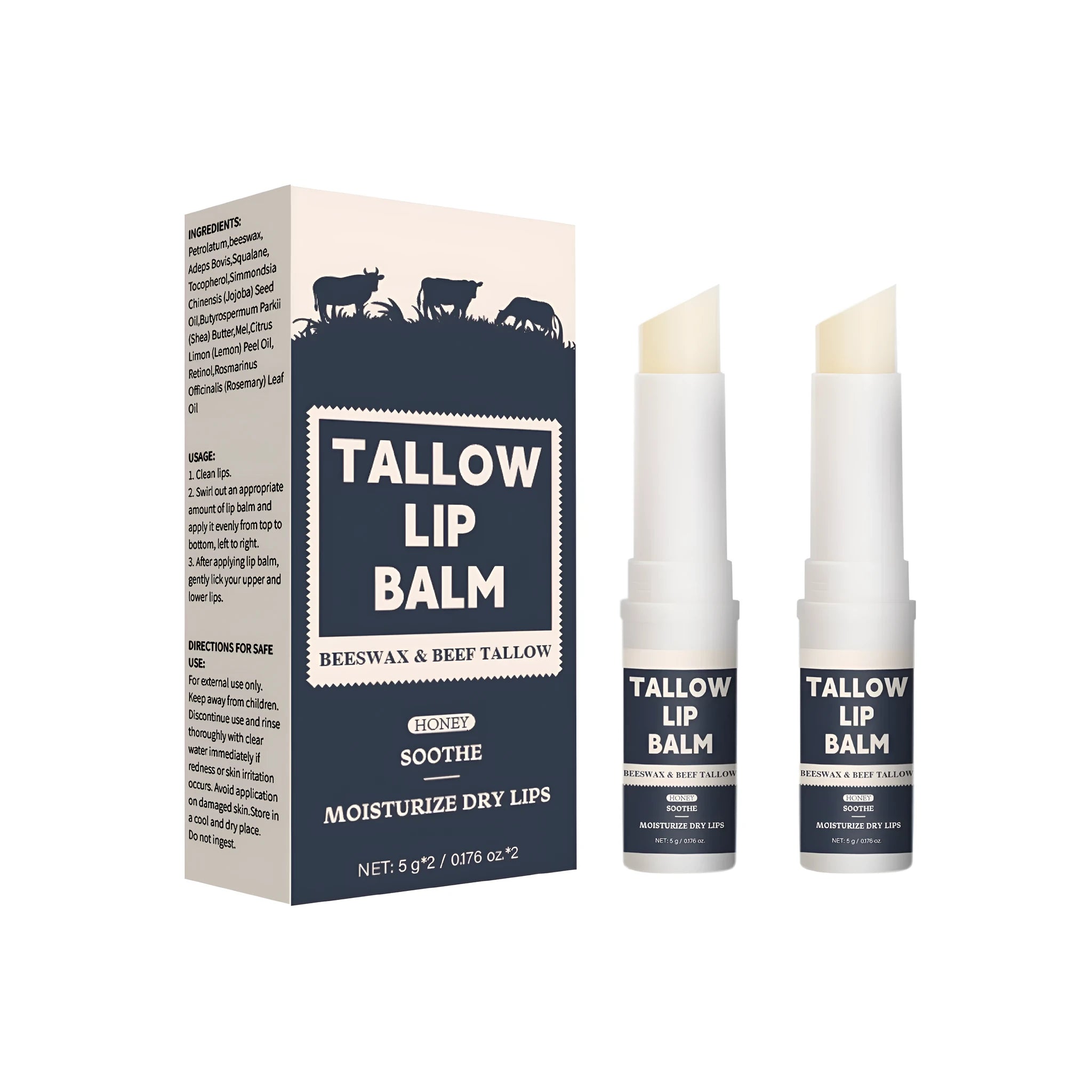 Two standard beef fat lip balms for dry lips, universal use.