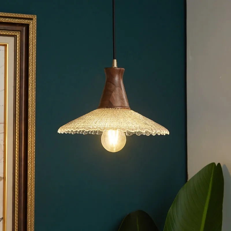 Retro brass and glass ceiling chandelier with wooden body for restaurant lighting