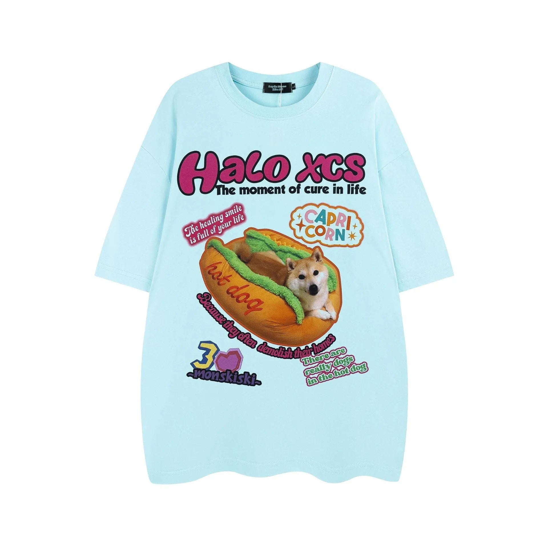 Loose fit white cotton T-shirt with a cartoon hamburger dog print on the front.