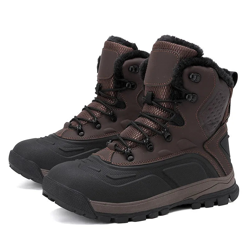 Men's black fleece-lined high-top lace-up boots with a flat heel on a ribbed sole