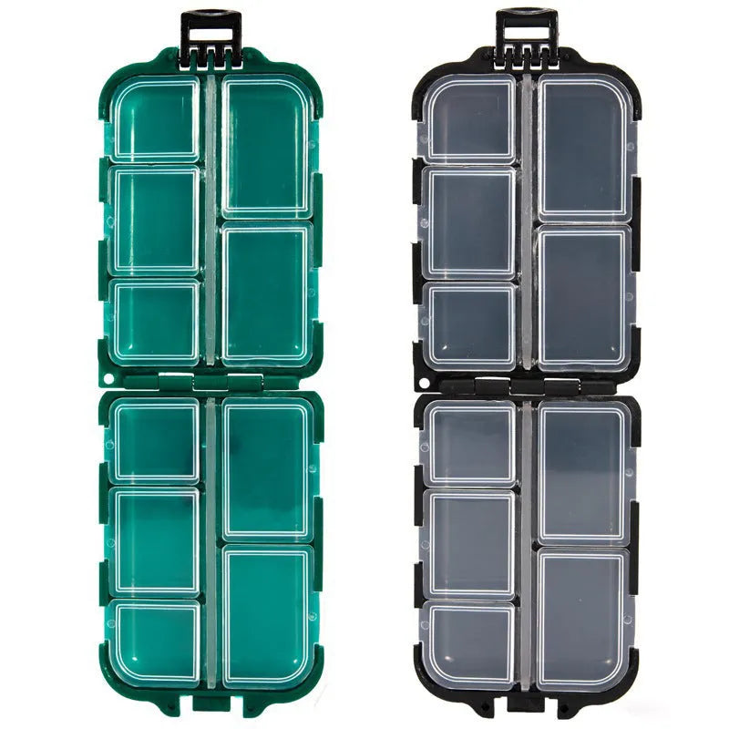 Small black plastic fishing tackle storage box open to show a 10-compartment grid interior.