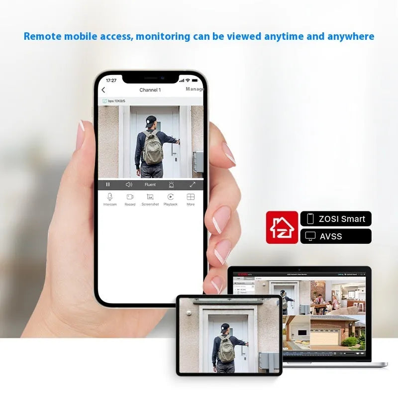 ZOSI 5MP POE security camera system with outdoor cameras and NVR recorder featuring 360-degree or fixed lens options and hard drive storage.