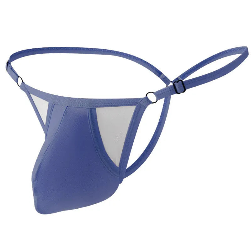 Men's ice silk T-back underwear in light purple showing adjustable thin straps and low waist design.