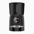 Black intelligent pet feeder with LCD screen showing feeding schedule and portion settings