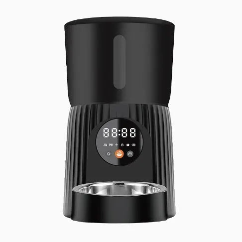 Black intelligent pet feeder with LCD screen showing feeding schedule and portion settings
