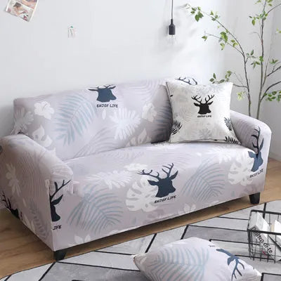 Printed stretch sofa cover with geometric pattern on three-seater sofa