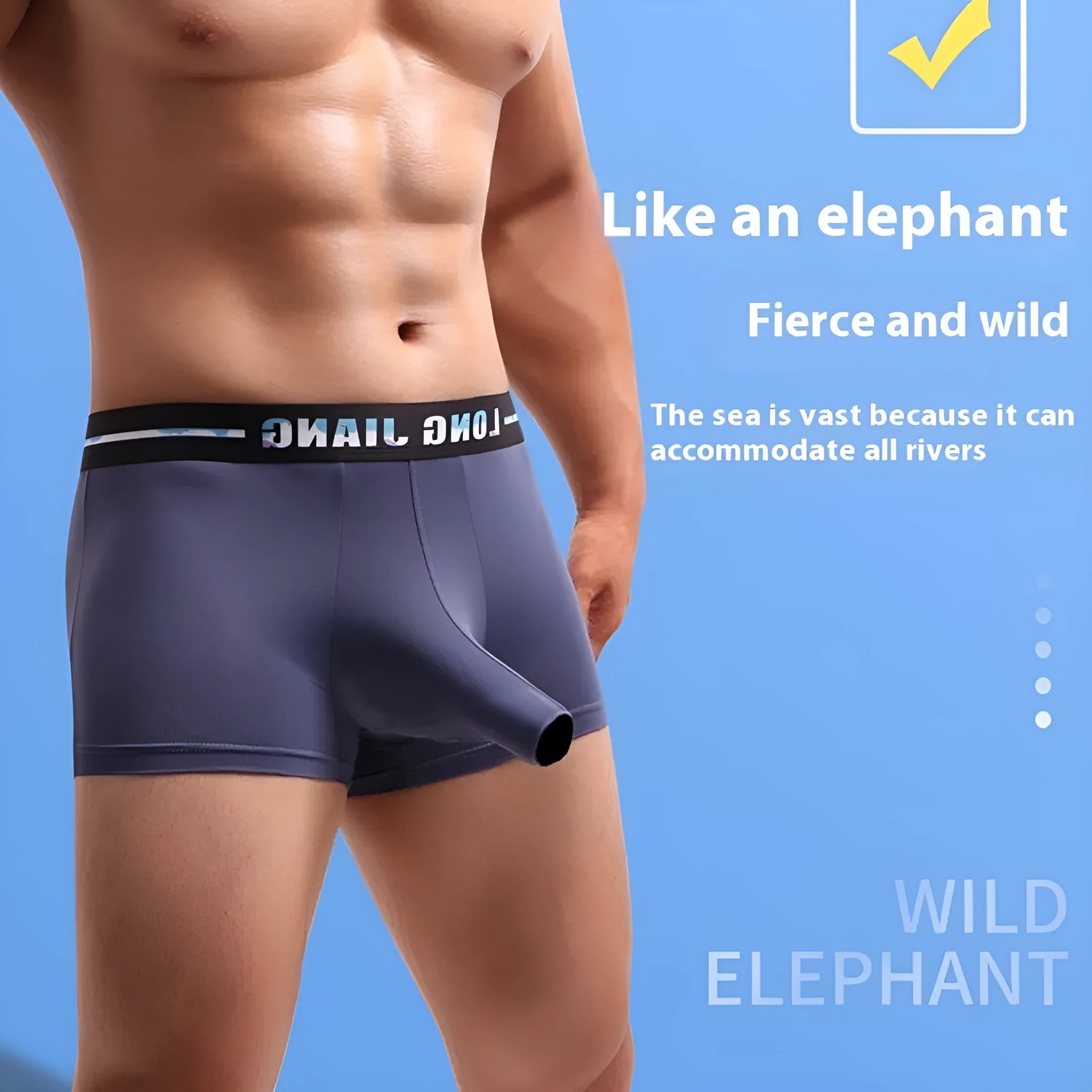 Men's breathable ice silk trunk open boxer shorts in Army Green colour on a mid waist mannequin.
