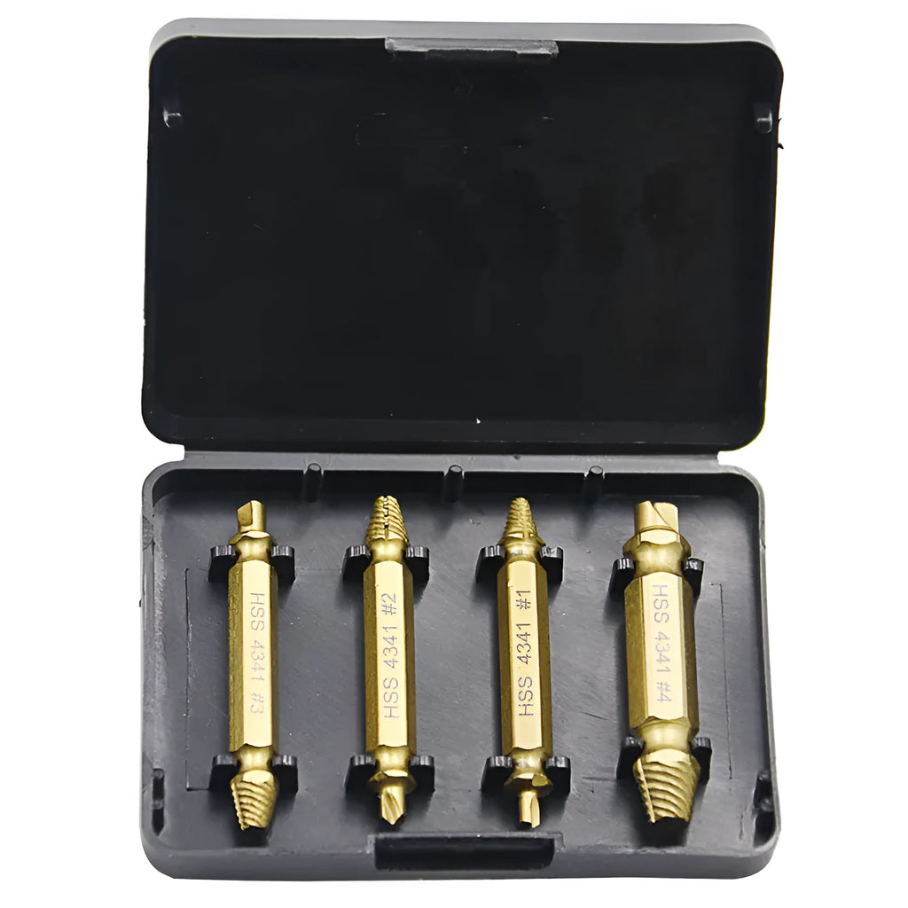 4341 high-speed steel screw extractor set with five extractors for removing stripped screws and nails