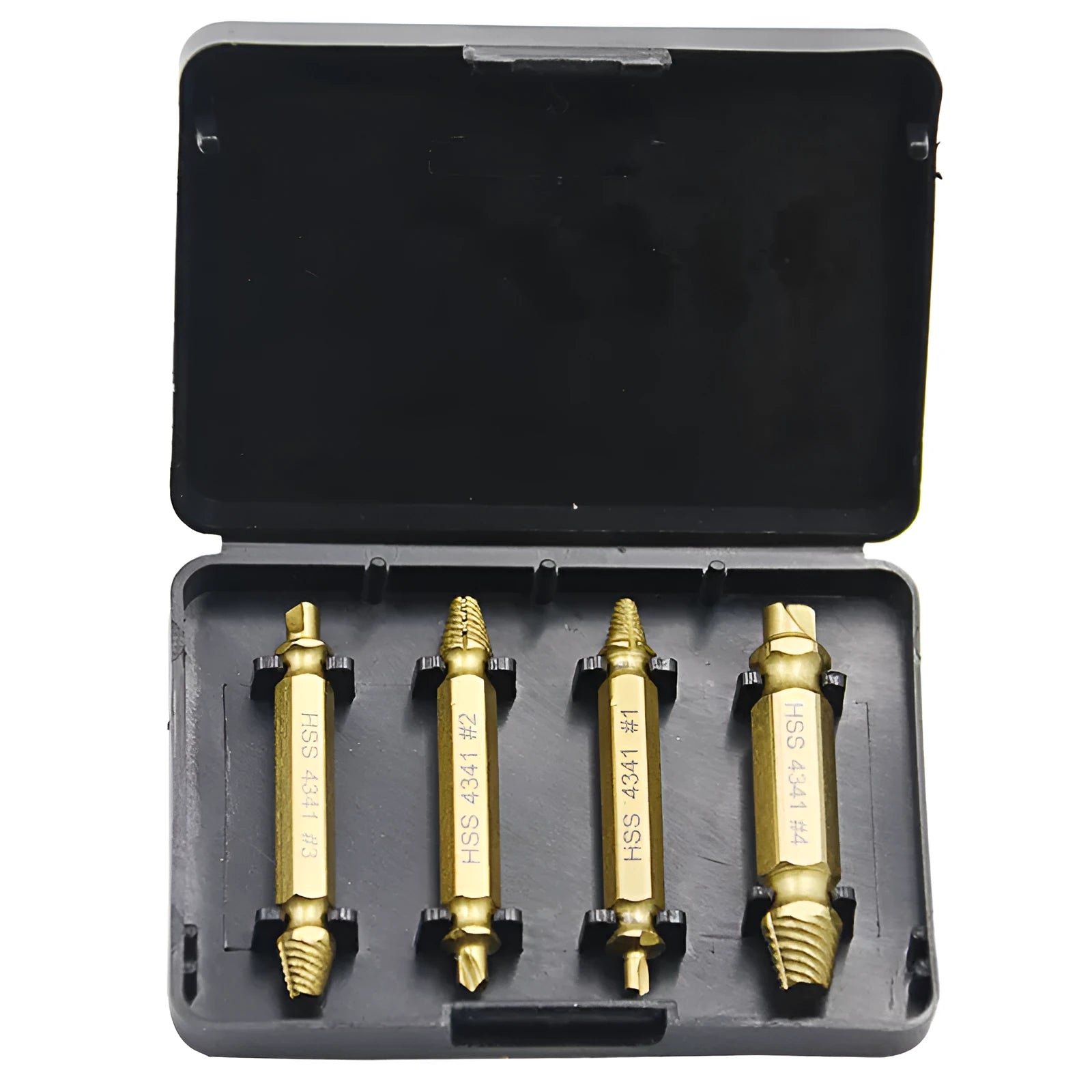 4341 high-speed steel screw extractor set with five extractors for removing stripped screws and nails