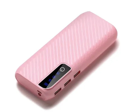 Black 20000mAh mini portable power bank showing USB ports, with dimensions 142mm x 64mm x 23mm.