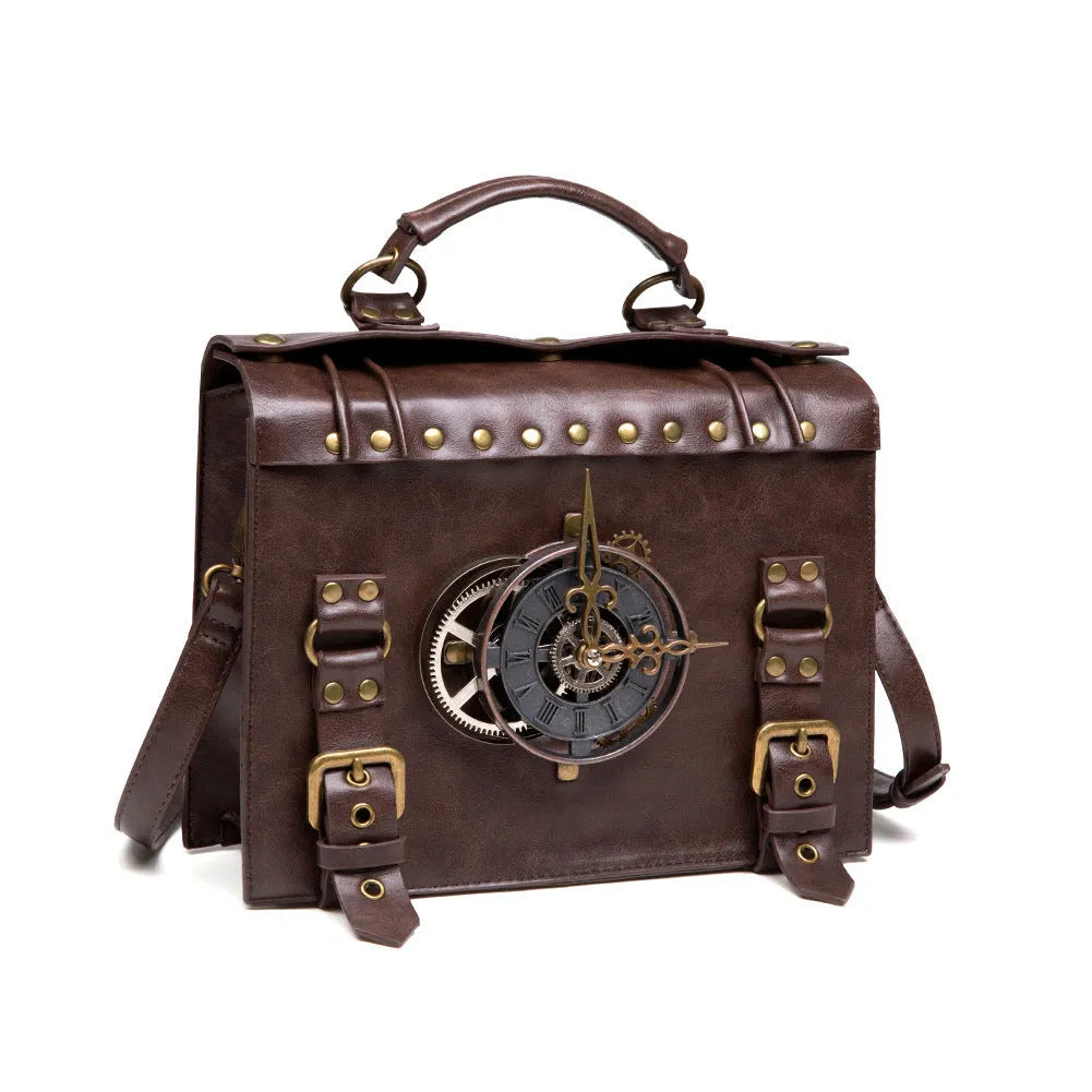 Bronze steampunk industrial retro style shoulder bag with metal details and pillow shape.