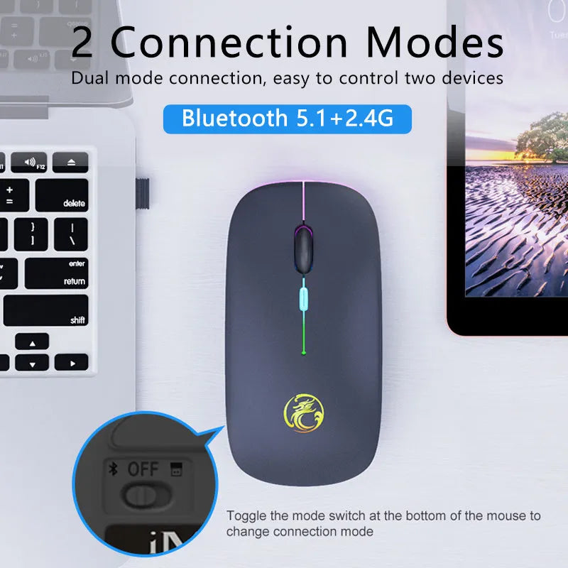 Black and white dual-mode wireless silent mouse with luminous charging indicator and adjustable DPI switch